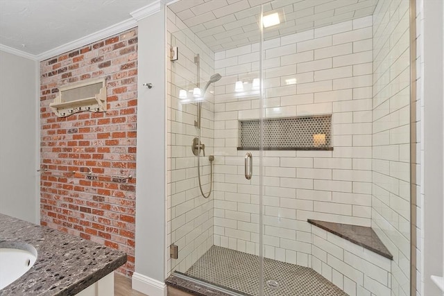 31 Spectacle Hill Rd, Bolton, MA 01740 - bathroom featuring crown molding, a shower stall, vanity, and wood finished floors