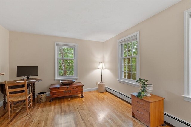 31 Spectacle Hill Rd, Bolton, MA 01740 - home office with a baseboard radiator, light wood-style floors, and baseboards