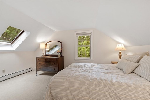 31 Spectacle Hill Rd, Bolton, MA 01740 - bedroom featuring a skylight, lofted ceiling, a baseboard radiator, and carpet flooring