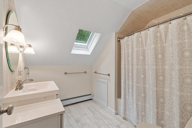 31 Spectacle Hill Rd, Bolton, MA 01740 - full bathroom featuring a baseboard radiator, a skylight, vaulted ceiling, vanity, and marble finish flooring