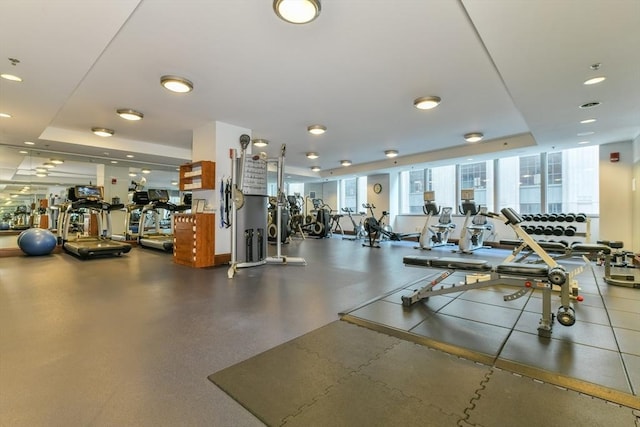 exercise room with a raised ceiling