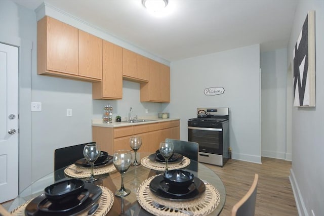 318 Charles St, Fitchburg, MA 01420 - kitchen with gas range, a sink, light countertops, baseboards, and light wood-type flooring