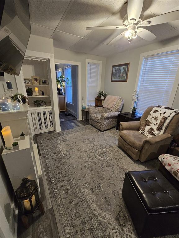 living room with dark hardwood / wood-style flooring and ceiling fan