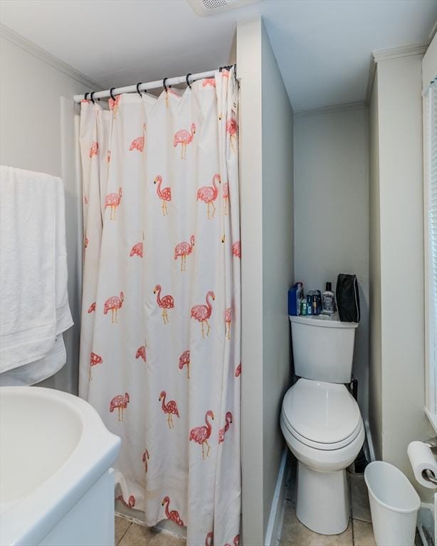 16 Fairfield Ave, Northampton, MA 01062 - bathroom with toilet, ornamental molding, a shower with shower curtain, tile patterned floors, and a sink
