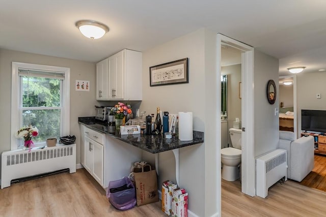 16 Fairfield Ave, Northampton, MA 01062 - kitchen with radiator, light wood-style floors, white cabinets, and dark stone counters