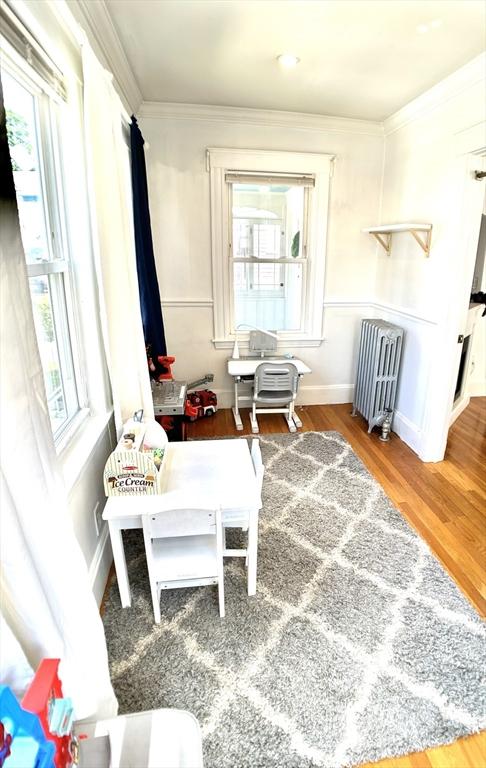 22-24 Ellison Ave Unit 1, Boston, MA 02126 - living area featuring radiator heating unit, crown molding, healthy amount of natural light, and wood finished floors