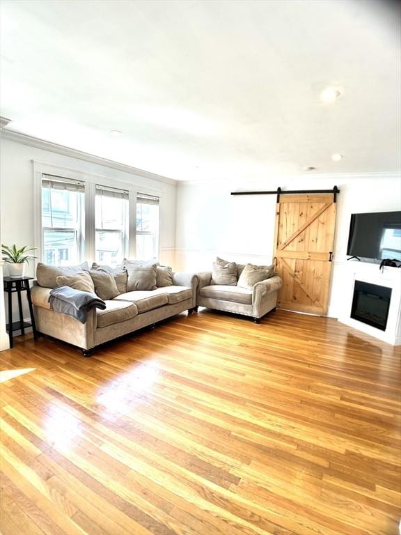22-24 Ellison Ave Unit 1, Boston, MA 02126 - living area featuring ornamental molding, light wood-style floors, a glass covered fireplace, a barn door, and recessed lighting