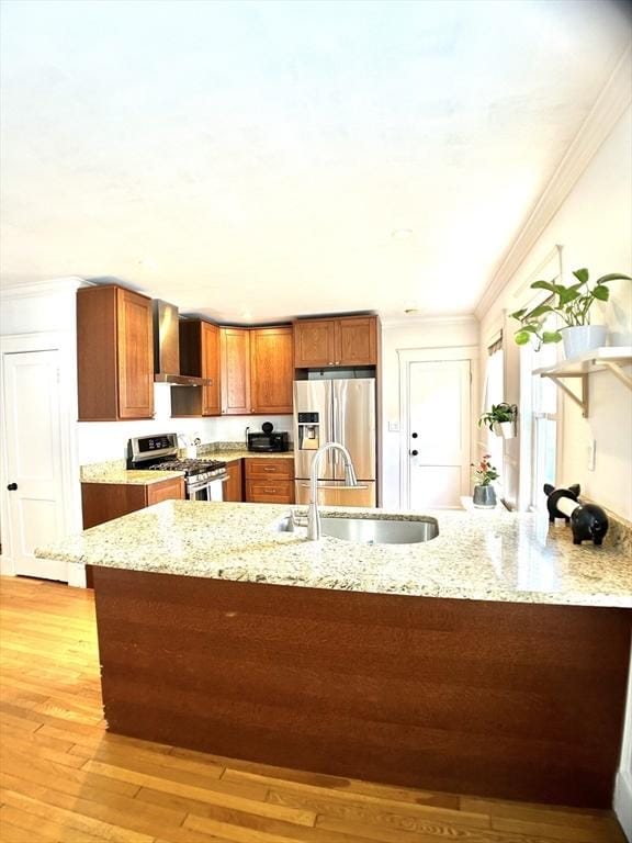 22-24 Ellison Ave Unit 1, Boston, MA 02126 - kitchen with stainless steel appliances, wall chimney range hood, brown cabinets, a peninsula, and light stone counters