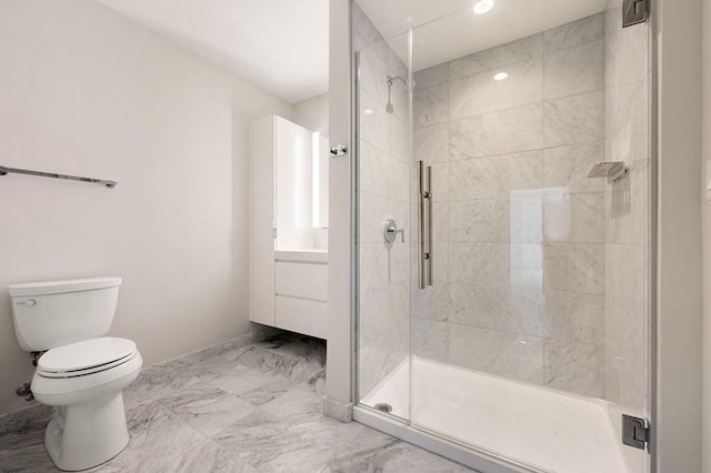 full bathroom with marble finish floor, toilet, baseboards, recessed lighting, and a stall shower