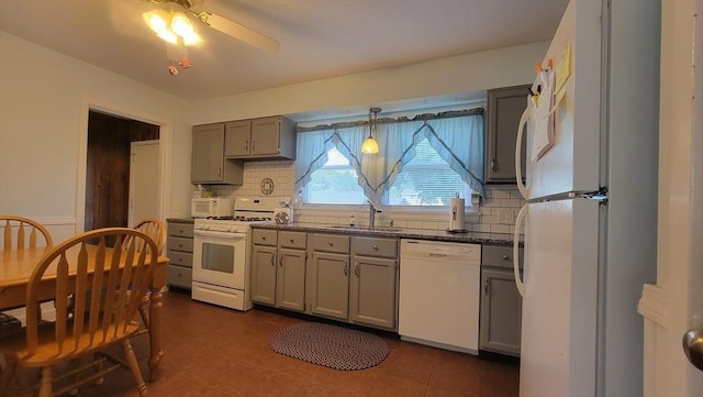 1285 Pendleton Ave Unit 1285, Chicopee, MA 01022 - kitchen with white appliances, gray cabinets, tasteful backsplash, and ceiling fan