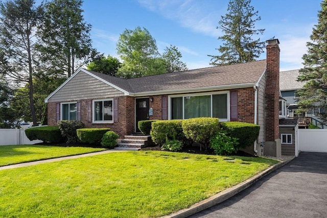 56 Beach St, Woburn, MA 01801 - ranch-style house featuring a chimney, brick siding, and a shingled roof