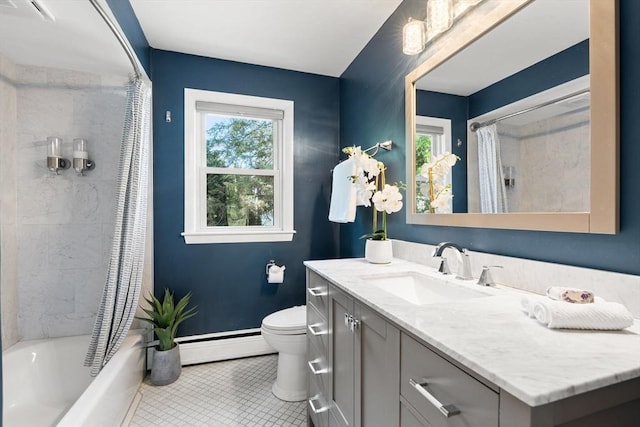 56 Beach St, Woburn, MA 01801 - full bathroom featuring a baseboard radiator, vanity, tile patterned flooring, and shower / bathtub combination with curtain