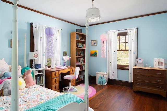bedroom with dark wood-type flooring, ornamental molding, and baseboards