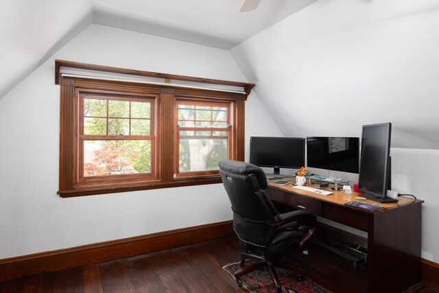 office area with vaulted ceiling, wood-type flooring, baseboards, and ceiling fan