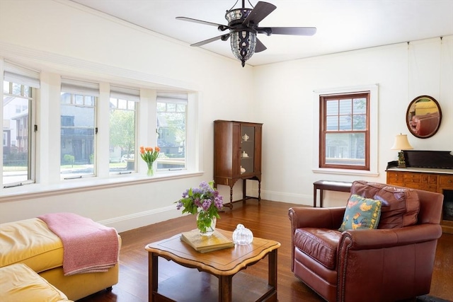 living room featuring baseboards, healthy amount of natural light, and dark wood finished floors