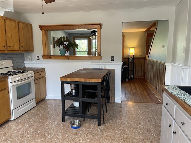 98 Everett St Unit 98, Easthampton, MA 01027 - kitchen featuring white gas range, ceiling fan, a wainscoted wall, light countertops, and tasteful backsplash