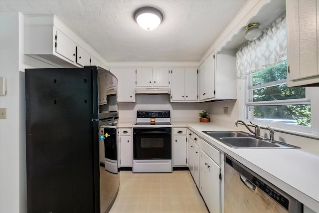 17 York Towne Ter Unit 17, Holden, MA 01520 - kitchen featuring electric range oven, stainless steel dishwasher, freestanding refrigerator, under cabinet range hood, and light countertops