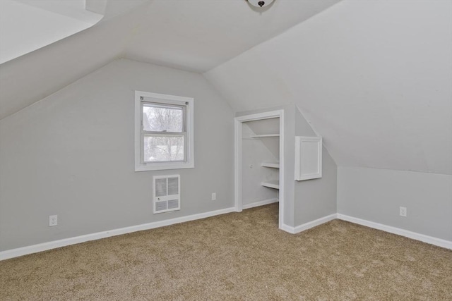 additional living space with heating unit, lofted ceiling, baseboards, built in shelves, and carpet