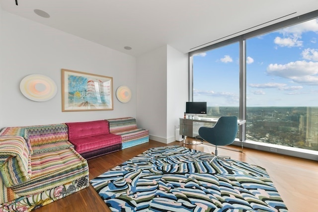 living room featuring floor to ceiling windows and wood-type flooring