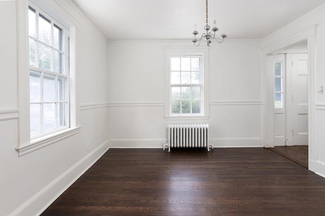 10 Ravenna Rd, Boston, MA 02132 - unfurnished dining area featuring radiator, a chandelier, wood finished floors, and crown molding