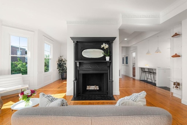 50-52 High St Unit 3, Boston, MA 02129 - living area featuring wood finished floors, ornamental molding, baseboards, and a fireplace