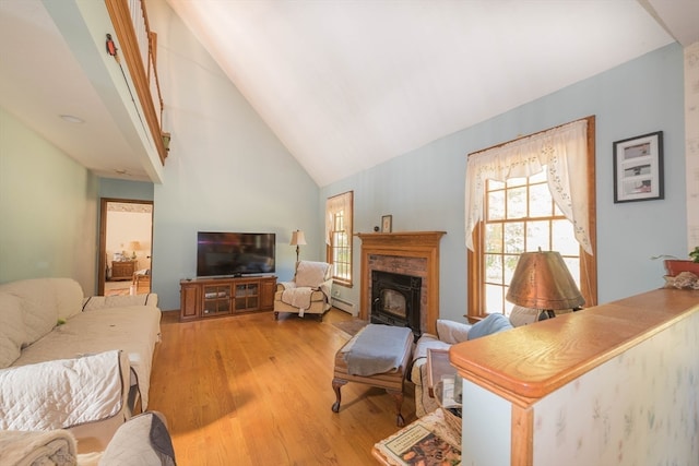 living room with light hardwood / wood-style flooring and high vaulted ceiling