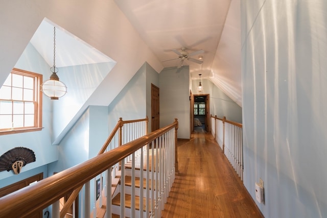 hall with lofted ceiling and dark wood-type flooring