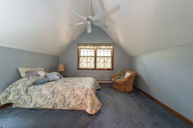 bedroom featuring ceiling fan, a baseboard radiator, vaulted ceiling, and dark carpet