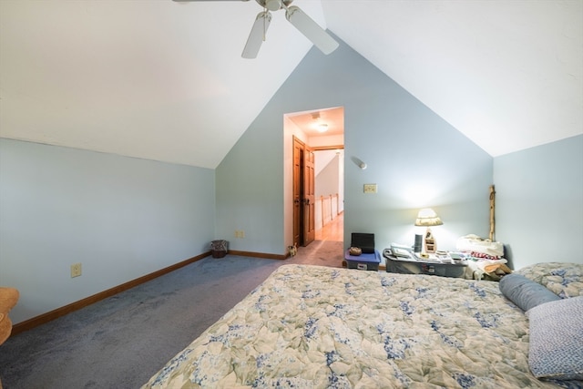 bedroom with vaulted ceiling, ceiling fan, and carpet floors