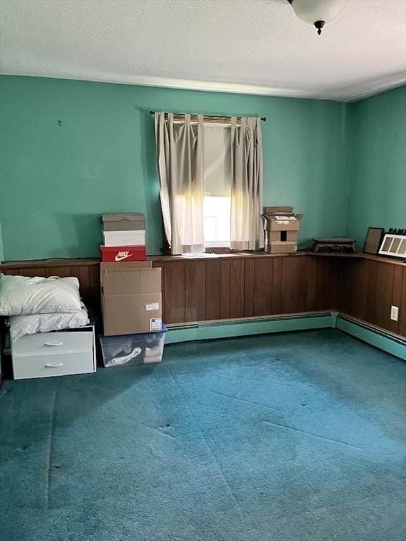 carpeted spare room with wainscoting and a textured ceiling