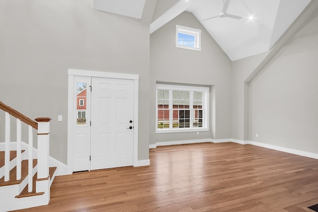 entrance foyer featuring light hardwood / wood-style floors, high vaulted ceiling, and a healthy amount of sunlight