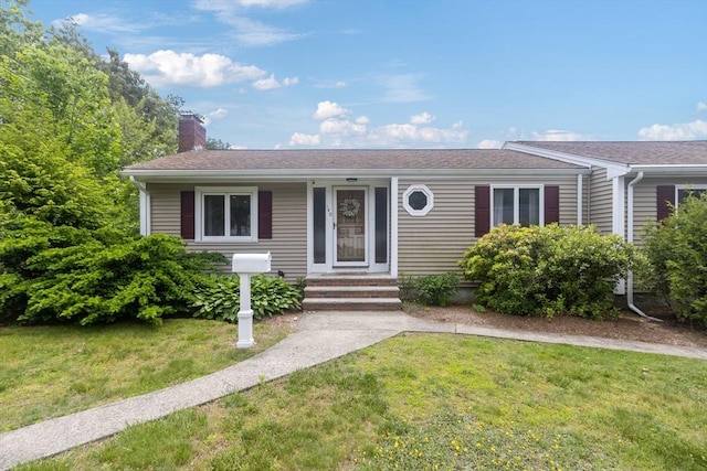 140 W St, Weymouth, MA 02188 - ranch-style home featuring a chimney, a front yard, and entry steps