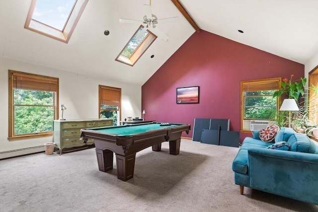 90 Southern Ave Unit 90, Essex, MA 01929 - rec room with ceiling fan, a skylight, carpet floors, pool table, and high vaulted ceiling
