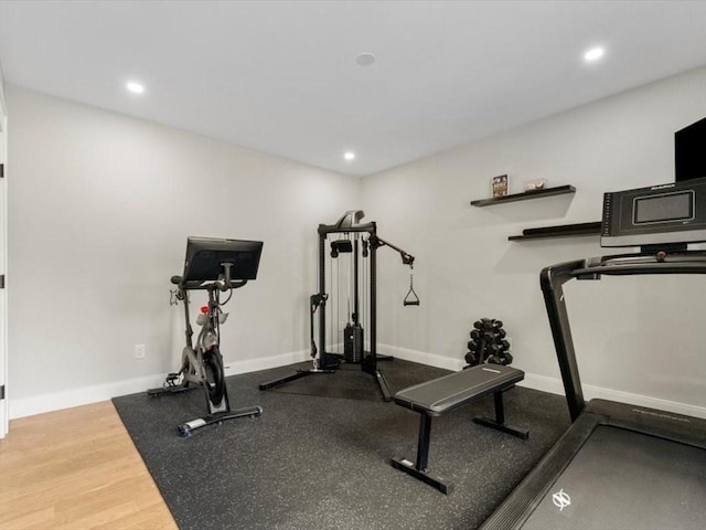 39 Paul St, Watertown, MA 02472 - workout area with recessed lighting, baseboards, and wood finished floors