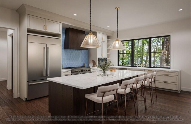 LOT3 Ridge Rd, Northborough, MA 01532 - kitchen featuring high quality appliances, open shelves, dark wood finished floors, a center island, and tasteful backsplash