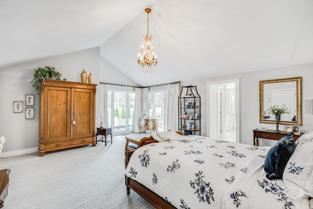 bedroom featuring baseboards, light colored carpet, lofted ceiling, access to exterior, and a chandelier