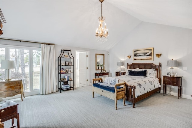 bedroom featuring high vaulted ceiling, light colored carpet, baseboards, and an inviting chandelier