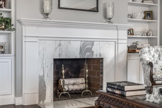 interior details featuring built in shelves and a fireplace