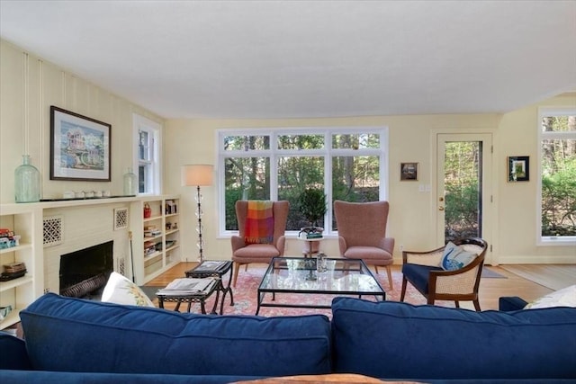 living room featuring baseboards, light wood finished floors, and a fireplace