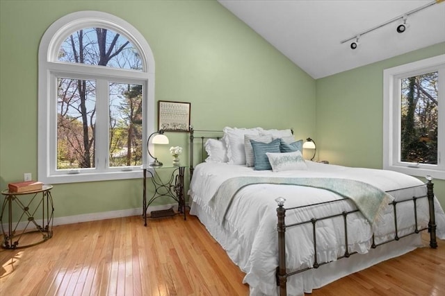 bedroom with track lighting, lofted ceiling, hardwood / wood-style floors, and multiple windows