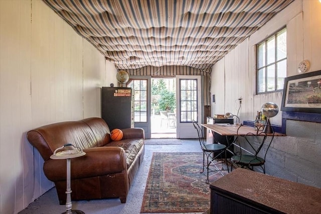 office featuring a healthy amount of sunlight and wood walls