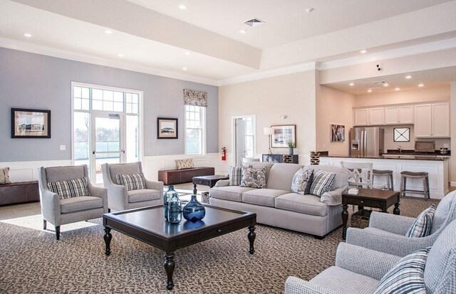 320 Martins Lndg Unit 307, North Reading, MA 01864 - living area featuring crown molding, a wainscoted wall, and recessed lighting