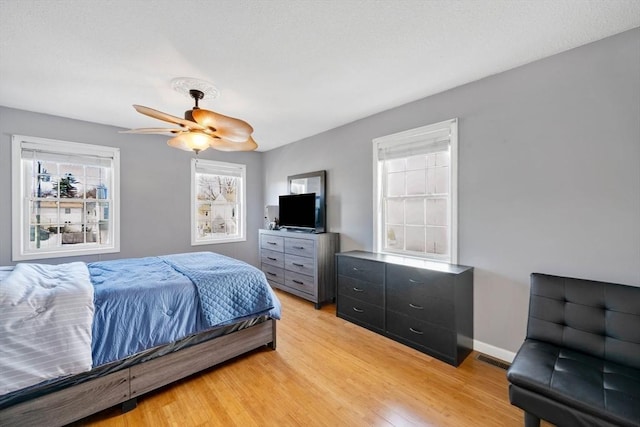 bedroom featuring ceiling fan and light hardwood / wood-style flooring