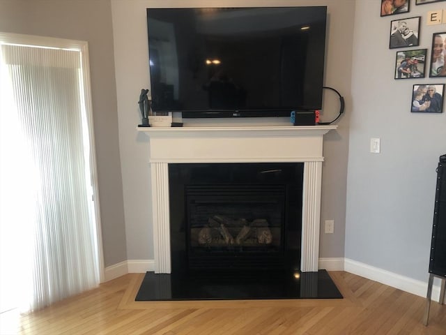 details with baseboards, a fireplace with flush hearth, and wood finished floors
