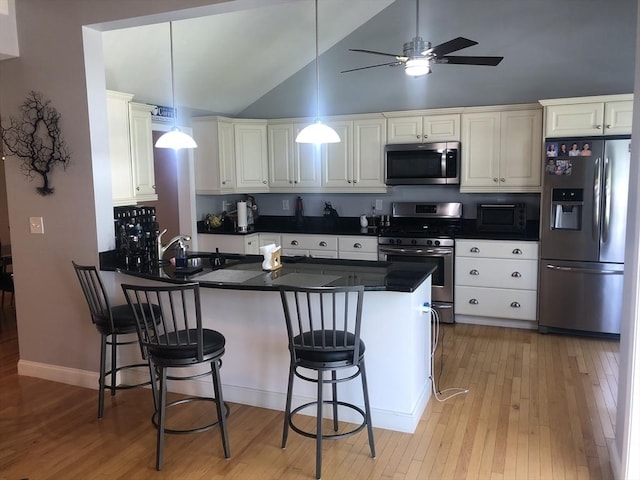 kitchen with vaulted ceiling, light wood finished floors, stainless steel appliances, and a peninsula