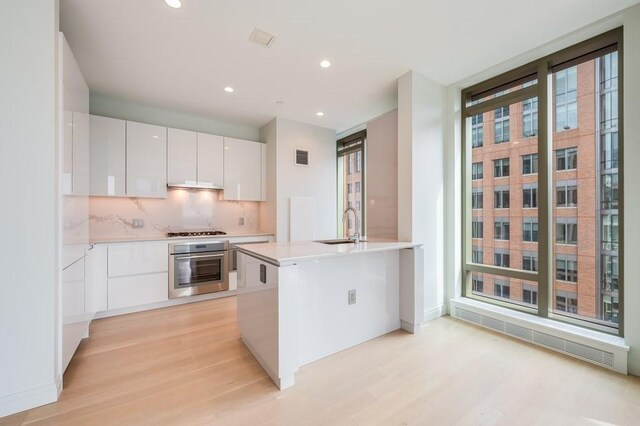 kitchen with light hardwood / wood-style flooring, kitchen peninsula, decorative backsplash, white cabinets, and appliances with stainless steel finishes