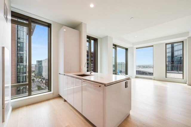 kitchen with white cabinetry, a wealth of natural light, sink, and light hardwood / wood-style flooring