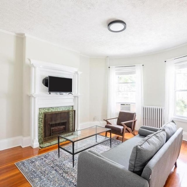 living room featuring radiator, a premium fireplace, baseboards, and wood finished floors