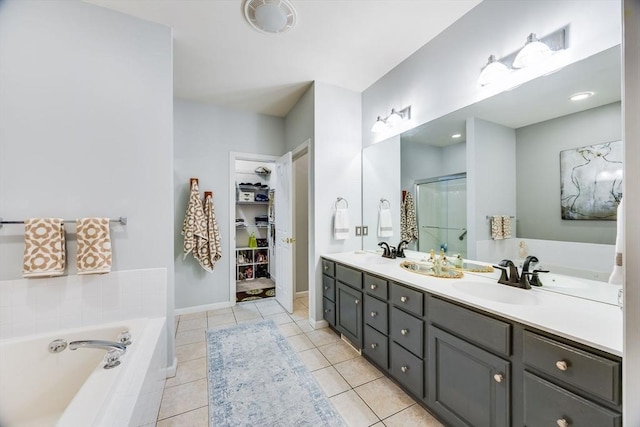 31 Fox Holw, Plymouth, MA 02360 - bathroom featuring double vanity, a bath, a shower stall, and tile patterned floors