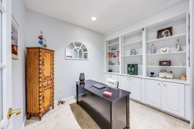 31 Fox Holw, Plymouth, MA 02360 - office area with light carpet, baseboards, recessed lighting, and built in features